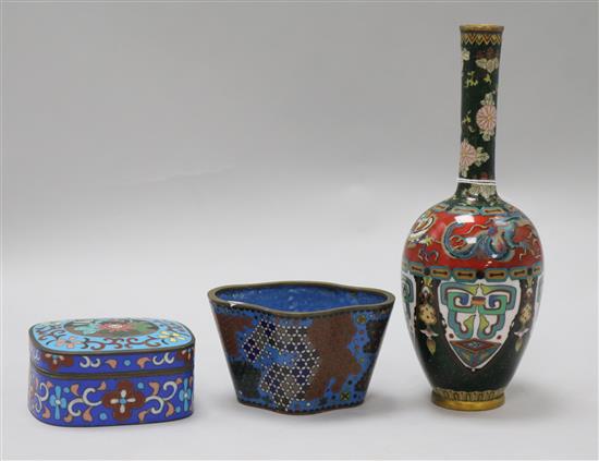 A Japanese Ginbari cloisonne narrow-neck vase, decorated dragons and stylised motifs and two other items
